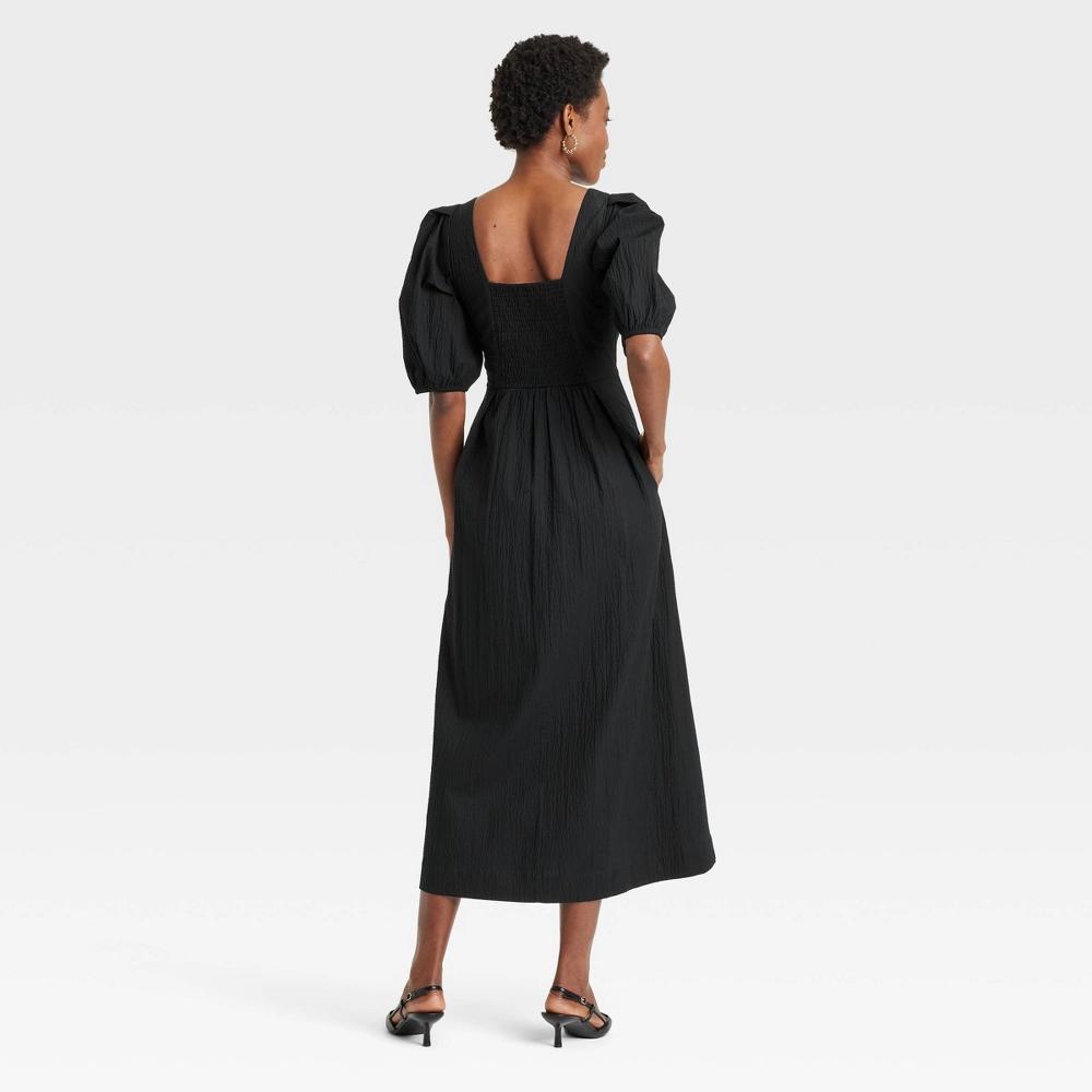 Womens Short Sleeve Midi Dress - A New Day Black XS: Seersucker, Squareneck, Pullover, Seam Pocket Product Image