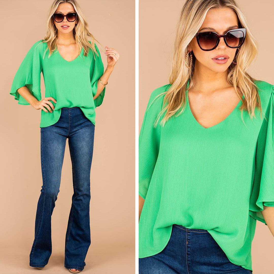 We're Here For You Emerald Green Ruffle Sleeve Top Female Product Image