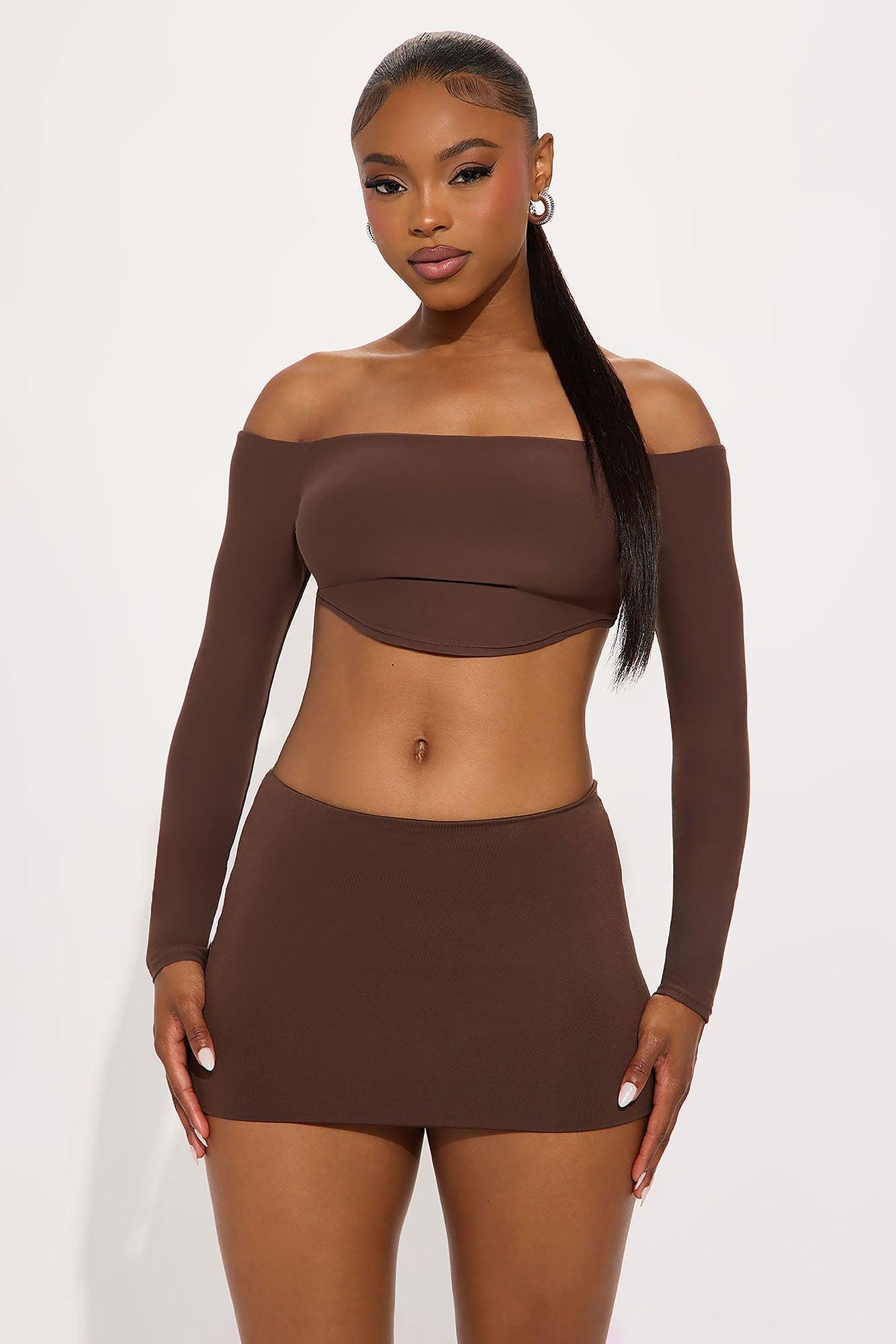 Second Skin Off Shoulder Cropped Top - Chocolate Product Image