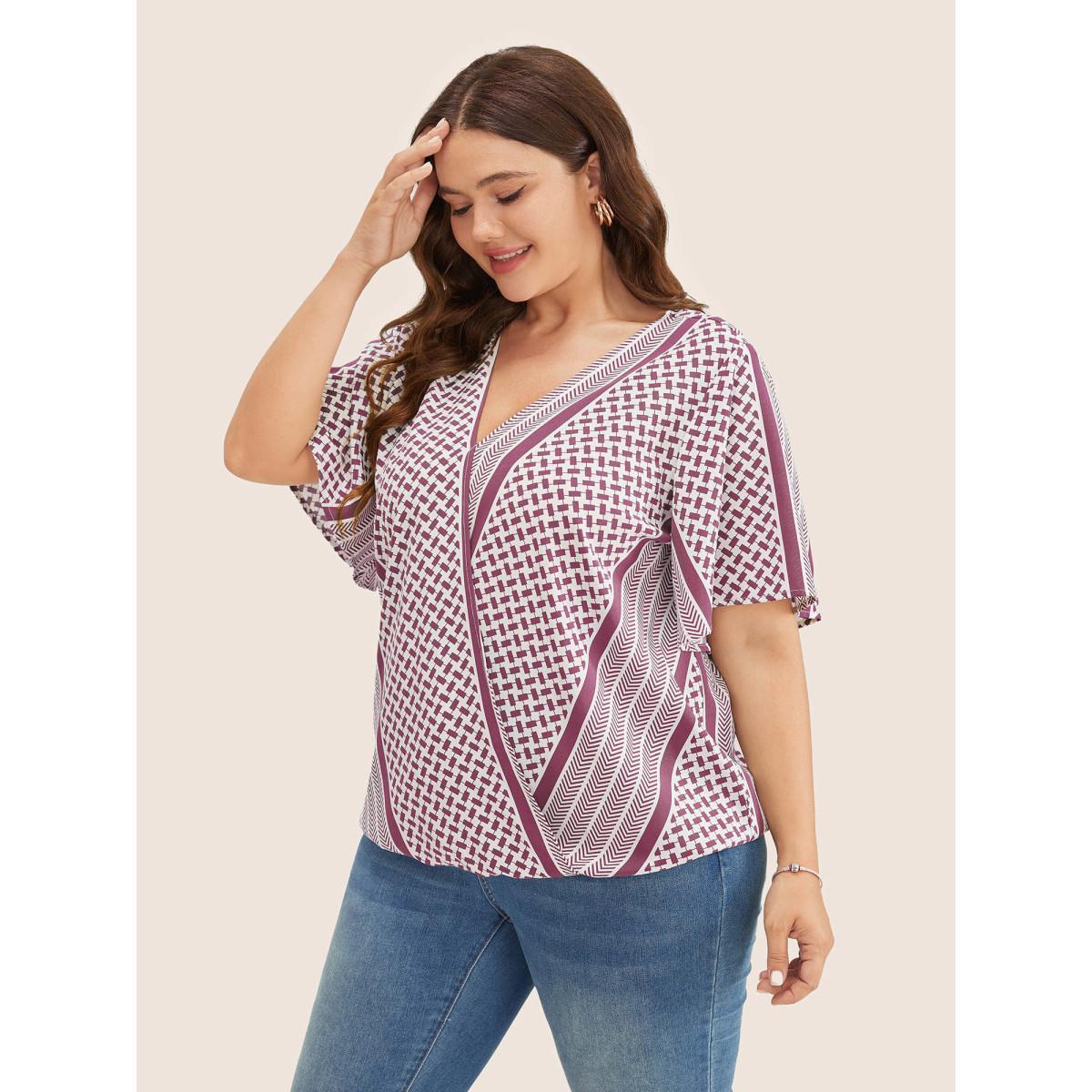 Plus Size RedViolet Geometric Contrast Ruffle Sleeve Wrap Blouse Women Resort Short sleeve Overlap Collar Vacation Blouses BloomChic 28/5X Product Image