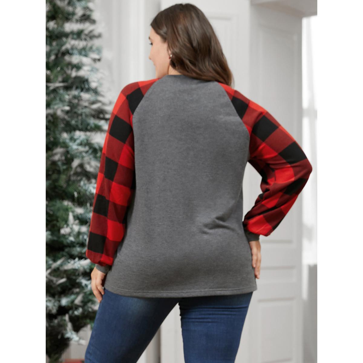 Plus Size Letter Print Round Neck Plaid Long Tee Gray Women Elegant Printed Graphic-Christmas Dailywear T-shirts BloomChic 12/L Product Image