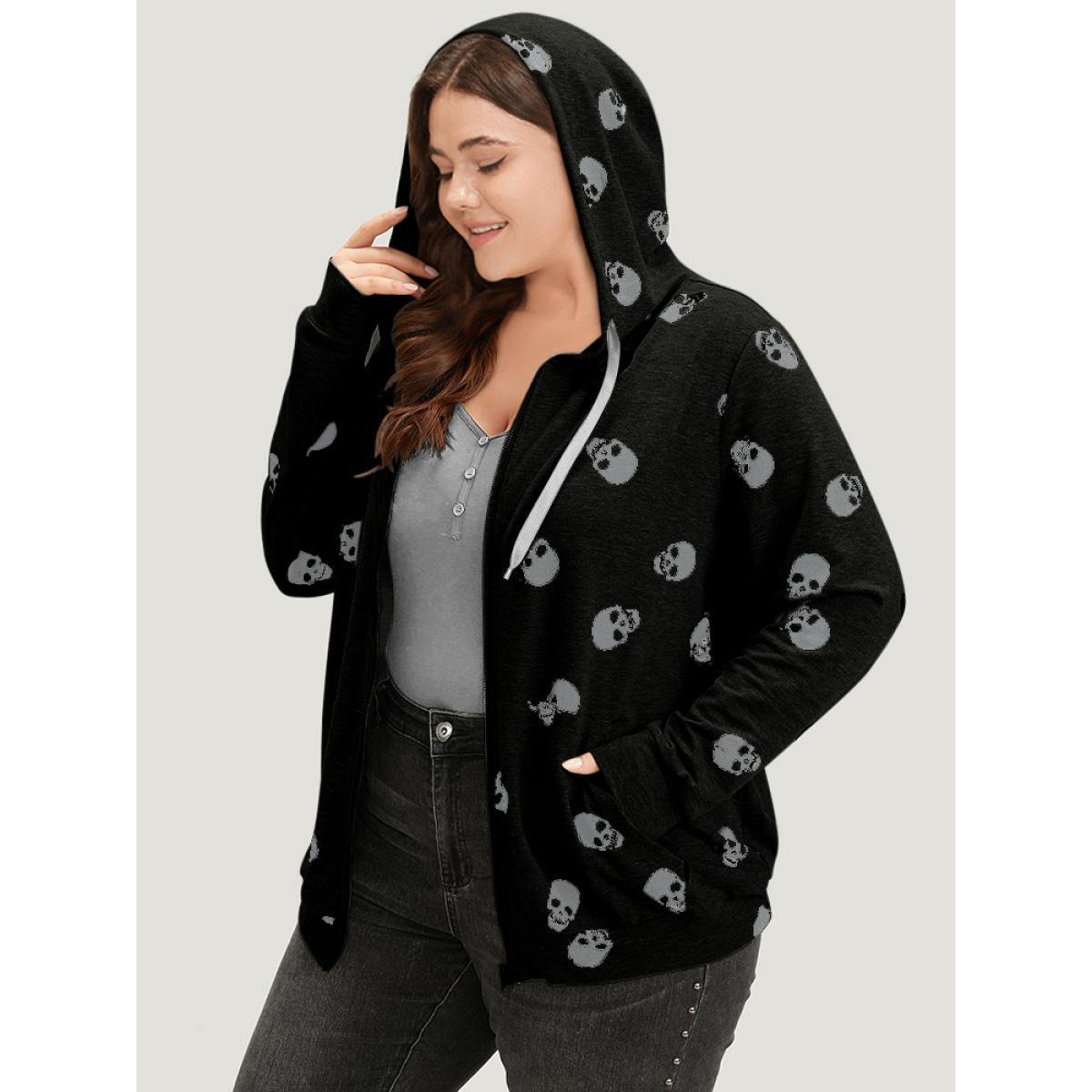 Plus Size Halloween Skull Print Pocket Zipper Hooded Sweatshirt Women Black Casual Elastic cuffs Hooded Festival-Halloween Sweatshirts BloomChic 26/4X Product Image