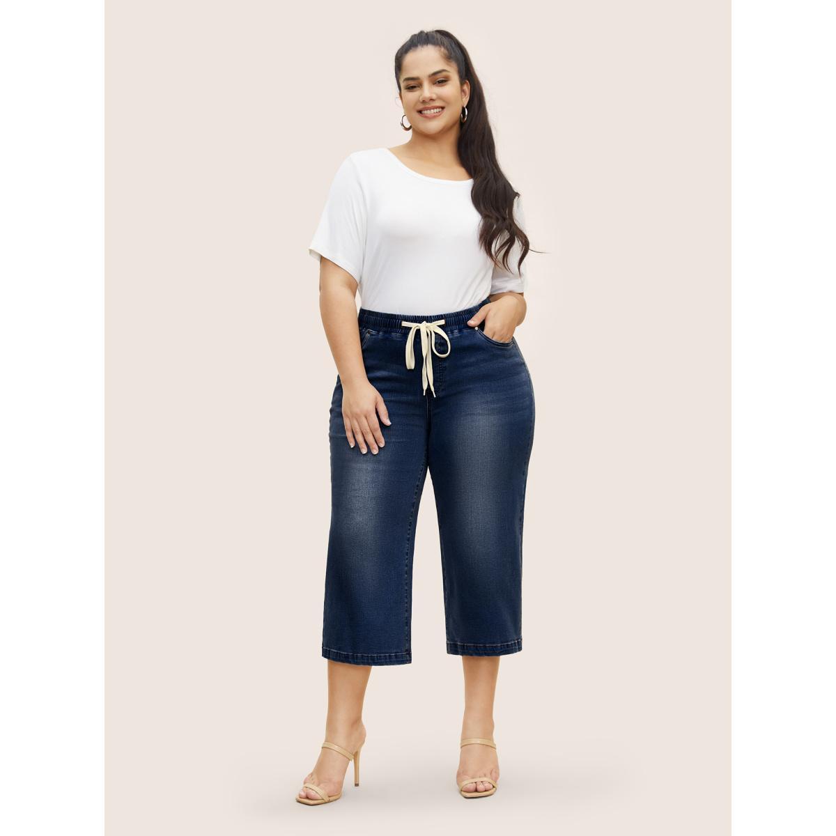 Plus Size Light Wash Drawstring Cropped Wide Leg Jeans Women Denimindigo Casual Drawstring High stretch Slanted pocket Jeans BloomChic 12/L Product Image