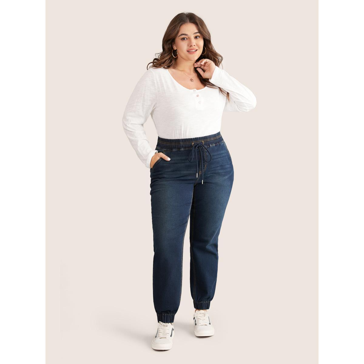 Plus Size Dark Wash Drawstring Elastic Waist Jogger Jeans Women DarkBlue Casual Plain Non High stretch Slanted pocket Jeans BloomChic 30/6X Product Image