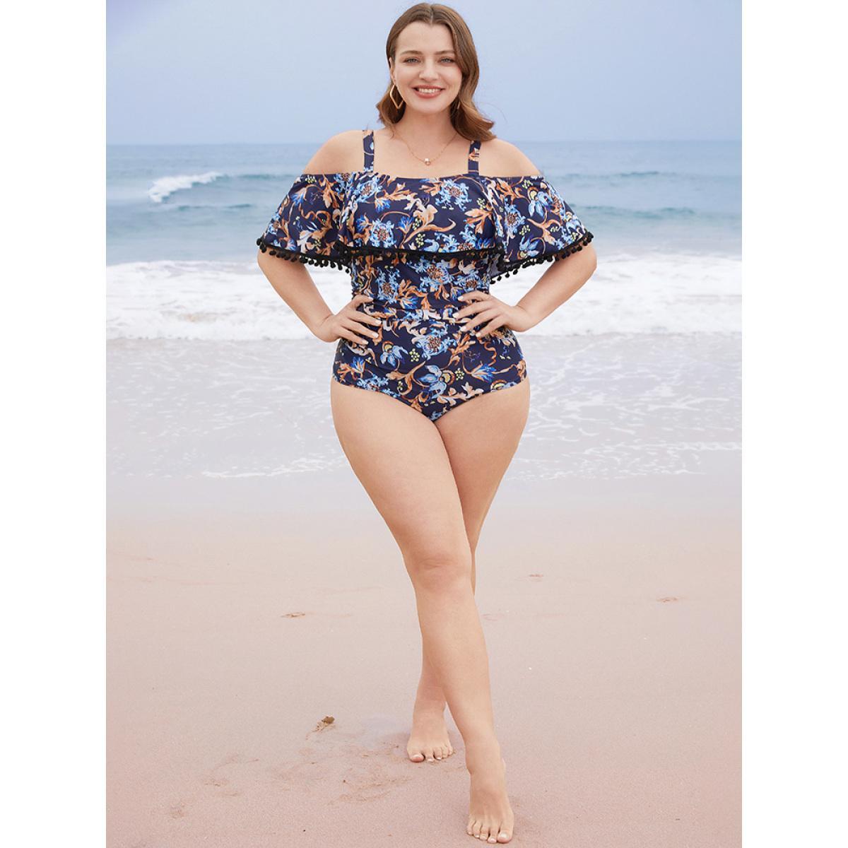 Plus Size Floral Pompom Trim Cold Shoulder One Piece Swimsuit Women's Swimwear Indigo Vacation Adjustable Straps Curve Bathing Suits High stretch One Pieces BloomChic 22-24/3X Product Image