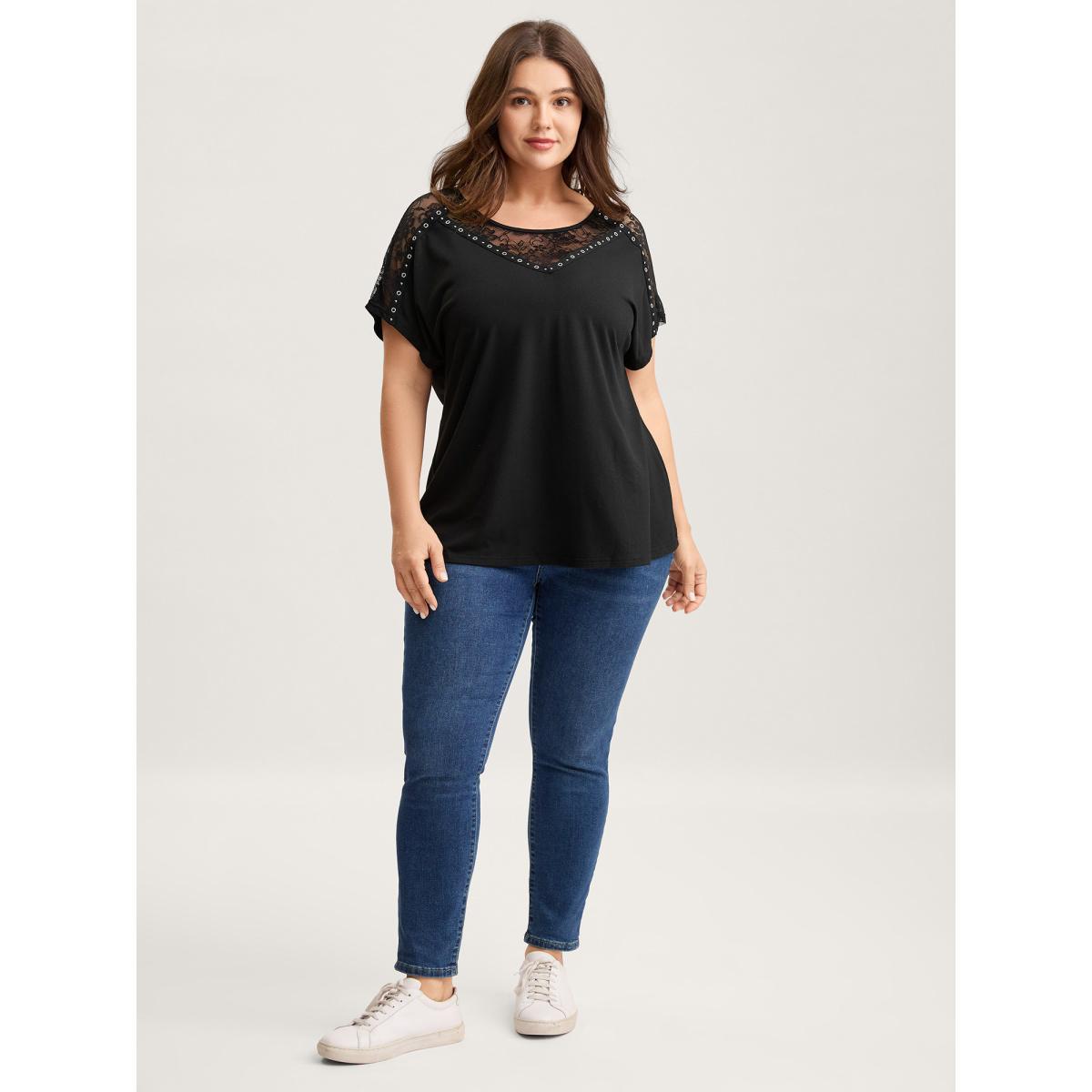 Plus Size Lace Trim Sheer Solid T-Shirt Black Women Round Neck Everyday-Casual T-shirts BloomChic 18-20/2X Product Image