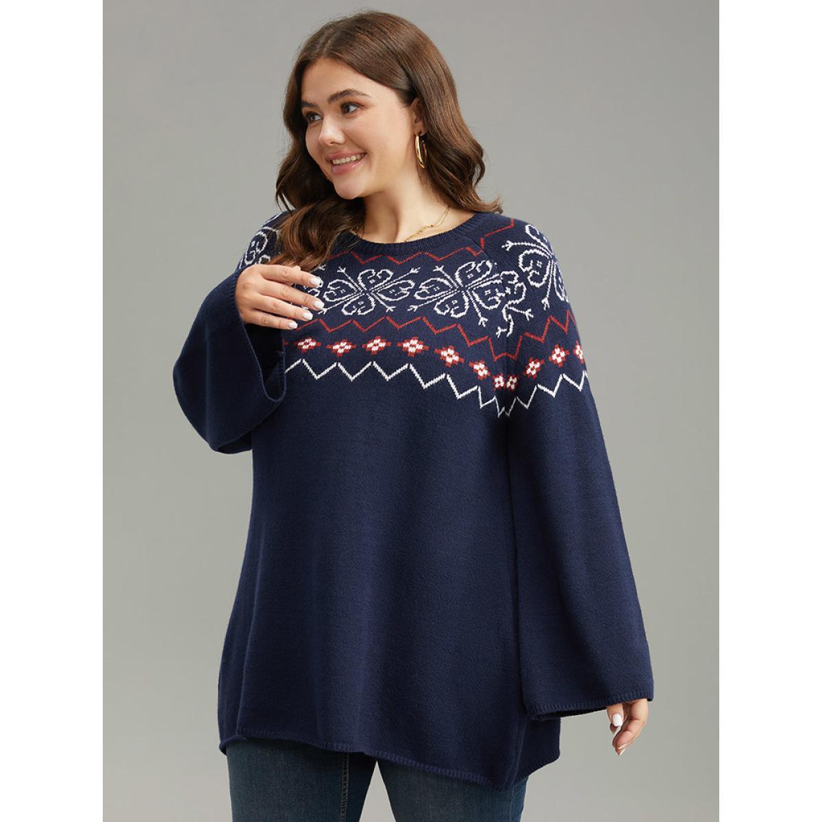 Plus Size Supersoft Essentials Geometric Bell Sleeve Pullover Indigo Women Casual Loose Long Sleeve Round Neck Dailywear Pullovers BloomChic 30/6X Product Image