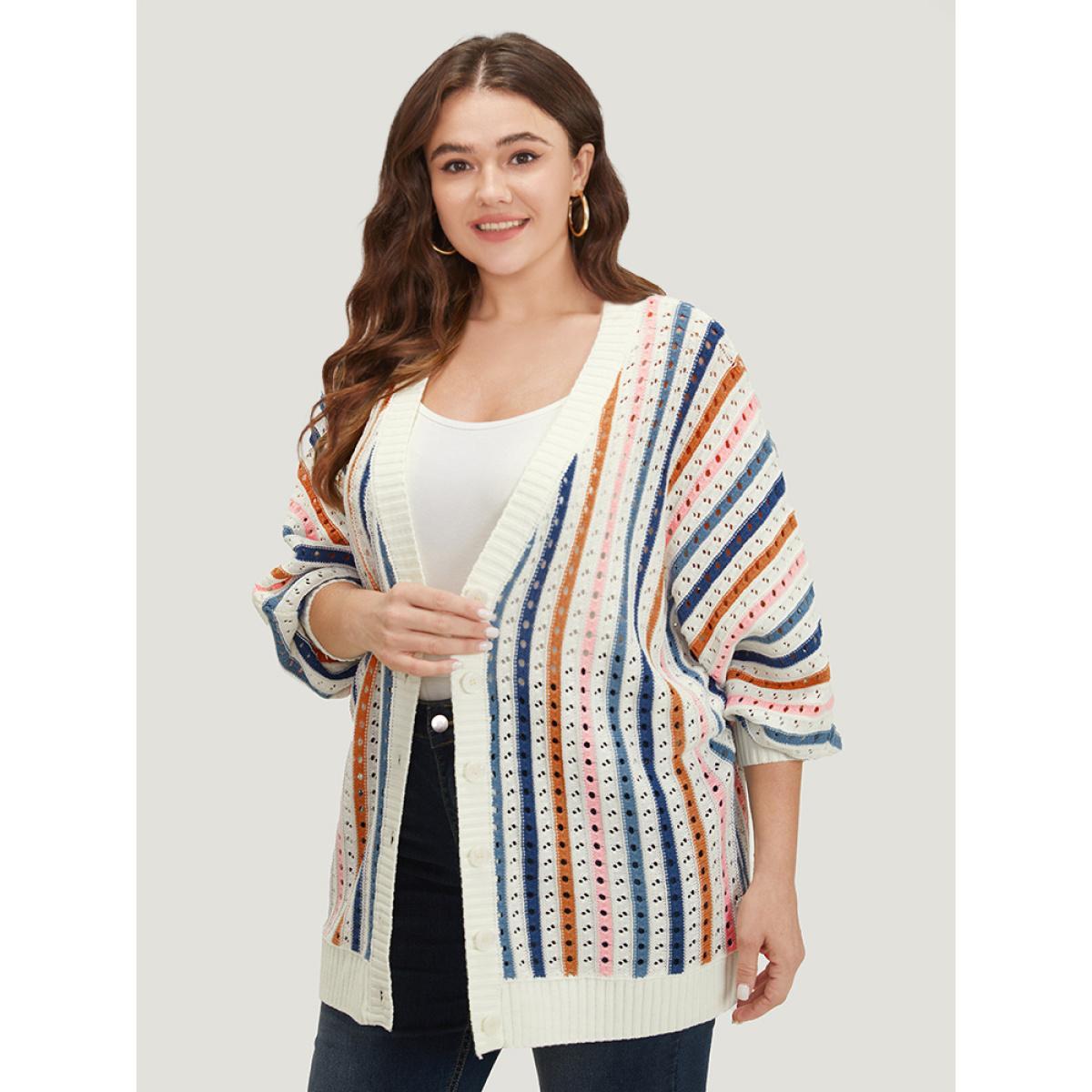Plus Size Rainbow Striped Button Through Eyelet Cardigan Multicolor Women Casual Loose Long Sleeve Dailywear Cardigans BloomChic 14-16/1X Product Image
