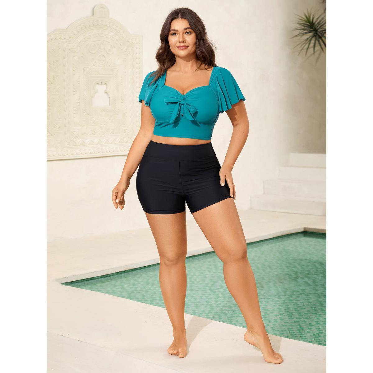 Plus Size Knotted Bodice Flared Sleeve Swim Top Women's Swimwear Teal Beach Tie knot High stretch Skinny Heart neckline Curve Swim Tops BloomChic 10/M Product Image