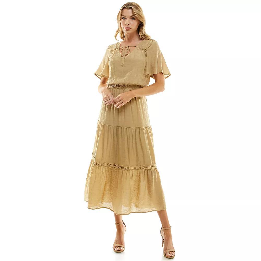 Women's Luxology Tie-Front Tiered Midi Gauze Dress, Size: Medium, Brown Product Image