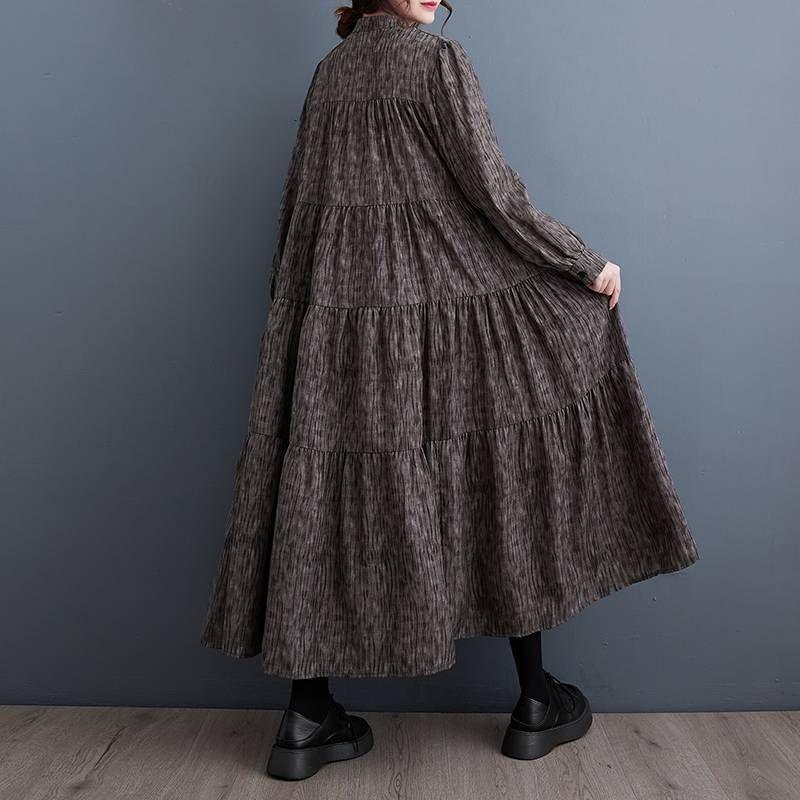 Long Sleeve Stand Collar Printed Loose Fit Maxi Dress Product Image