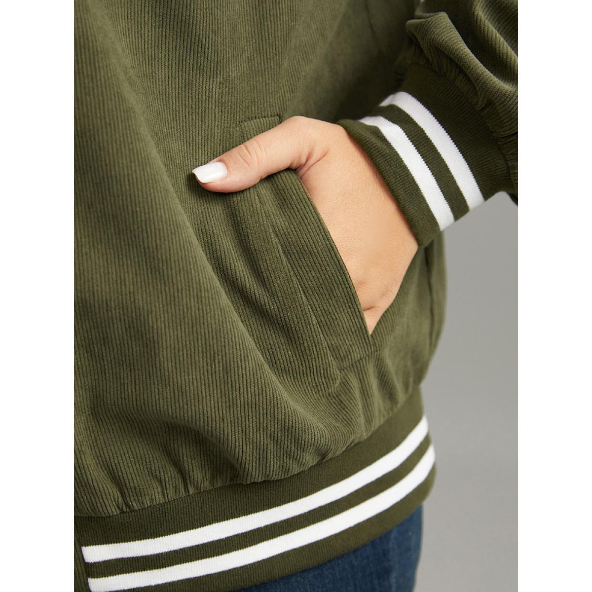 Plus Size Corduroy Striped Trim Button Up Jacket Women ArmyGreen Elastic cuffs Pocket Dailywear Jackets BloomChic 18-20/2X Product Image