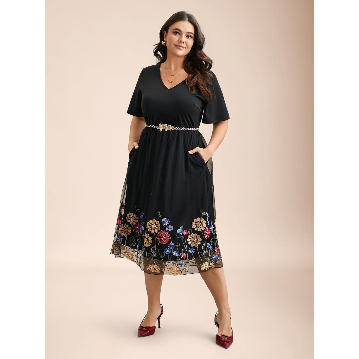 Plus Size Floral Embroidered Hem Stretchy-Waist Pockets Midi Dress BlackFlower Women Elegant See through V-neck Short sleeve Curvy BloomChic 14-16/1X Product Image