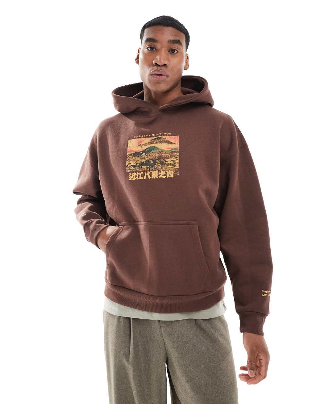 Pull&Bear mountain back printed hoodie in brown  Product Image