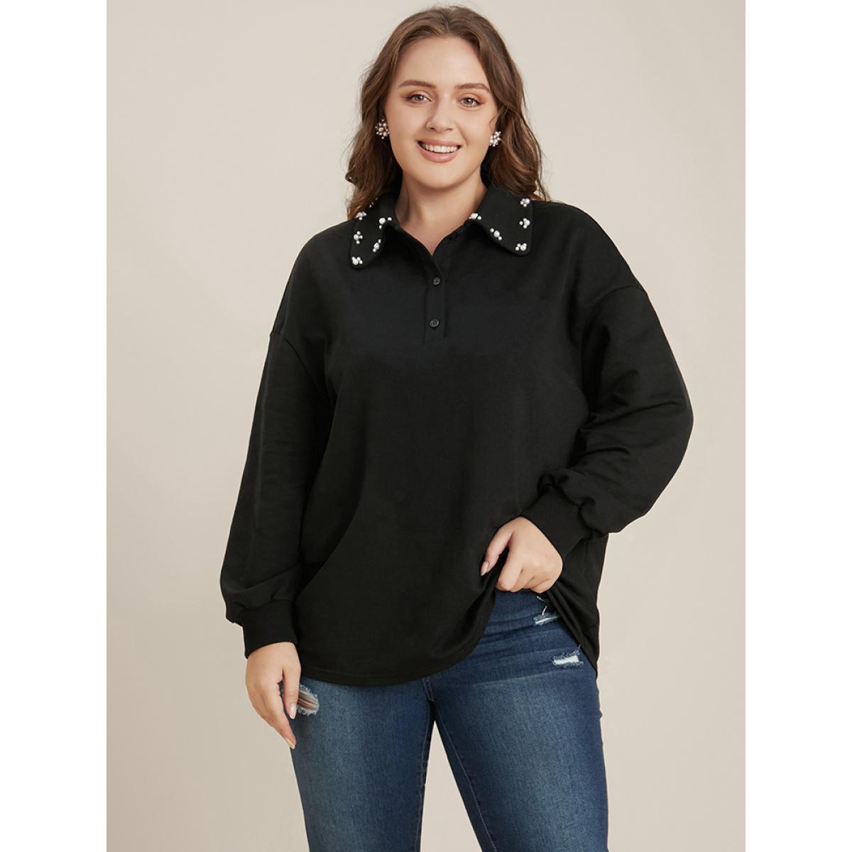 Plus Size Solid Button Up Pearl Beaded Polo Neck Sweatshirt Women Black Elegant Beaded Polo Dailywear Sweatshirts BloomChic 26/4X Product Image