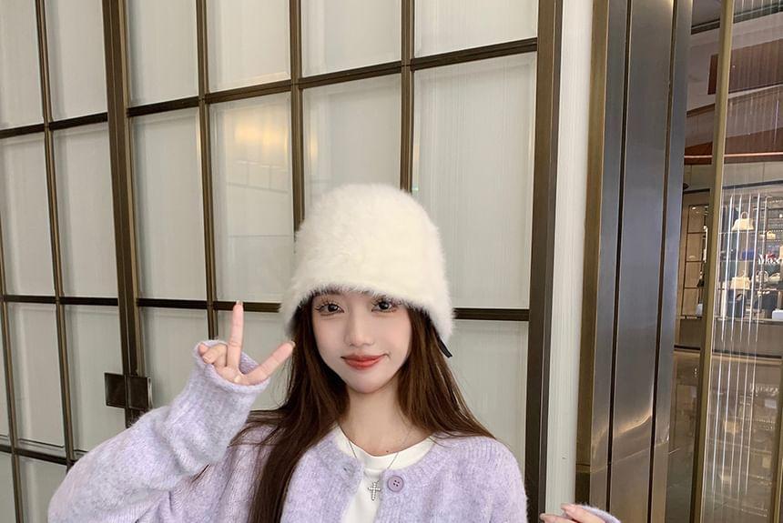 Crew Neck Plain Button-Up Cardigan / Drawstring Waist Corduroy Wide Leg Pants Product Image