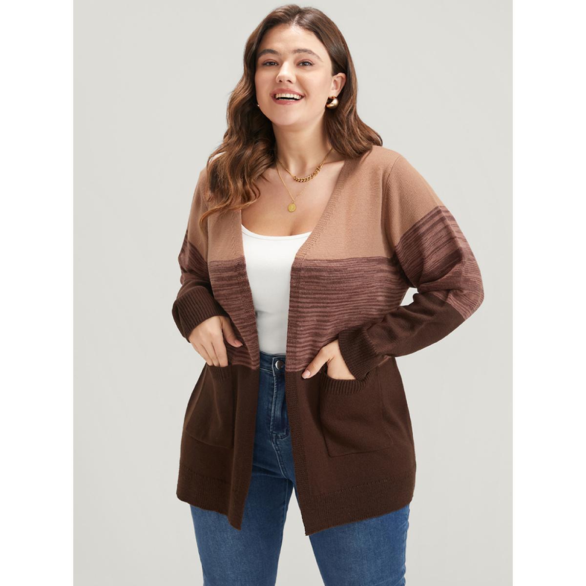 Plus Size Colorblock Contrast Pointelle Knit Pocket Belted Open Front Cardigan Multicolor Women Casual Loose Long Sleeve Dailywear Cardigans BloomChic 10/M Product Image