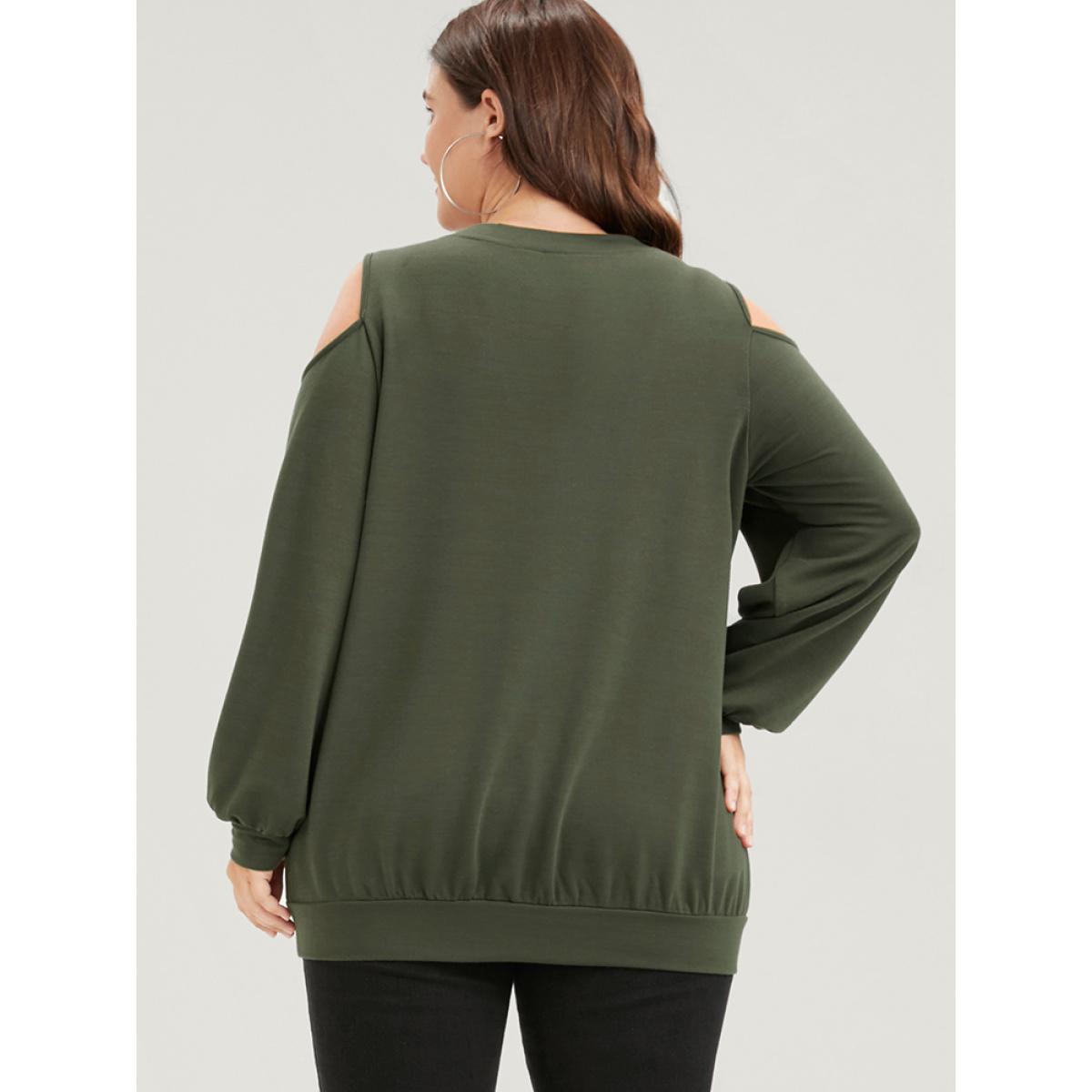 Plus Size Floral Print Cold Shoulder Sweatshirt Women ArmyGreen Elegant Printed Loose Round Neck Dailywear Sweatshirts BloomChic 10/M Product Image