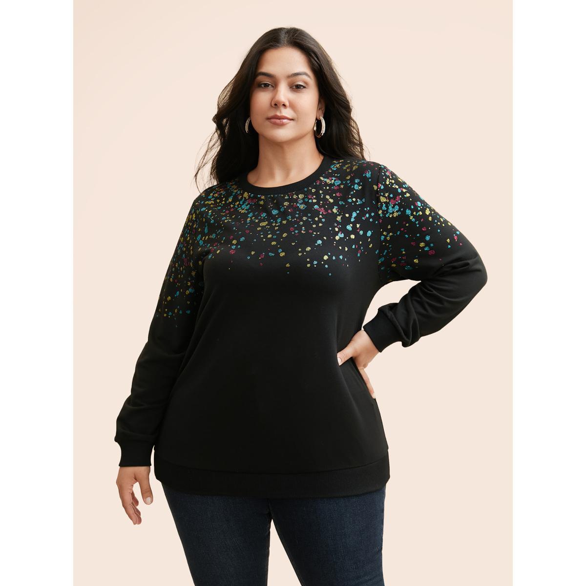 Plus Size Crew Neck Color Glitter Sweatshirt Women Black Casual Patchwork Round Neck Everyday Sweatshirts BloomChic 30/6X Product Image