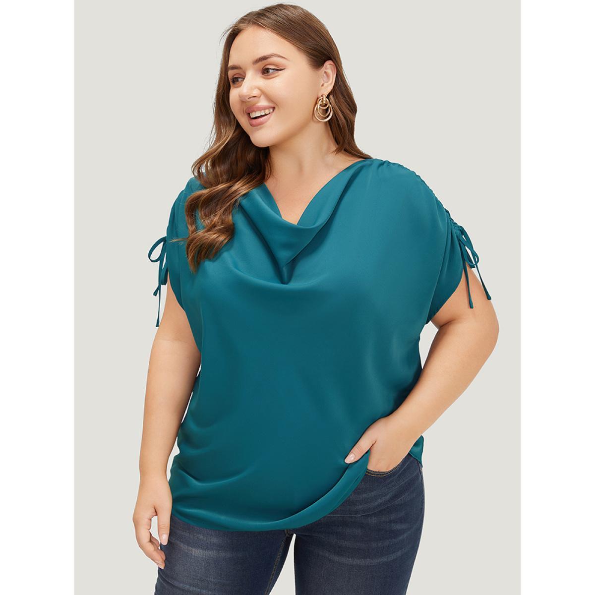 Plus Size Aegean Solid Cowl Neck Drawstring Sleeve Blouse Women Office Short sleeve Cowl Neck Work Blouses BloomChic 26/4X Product Image