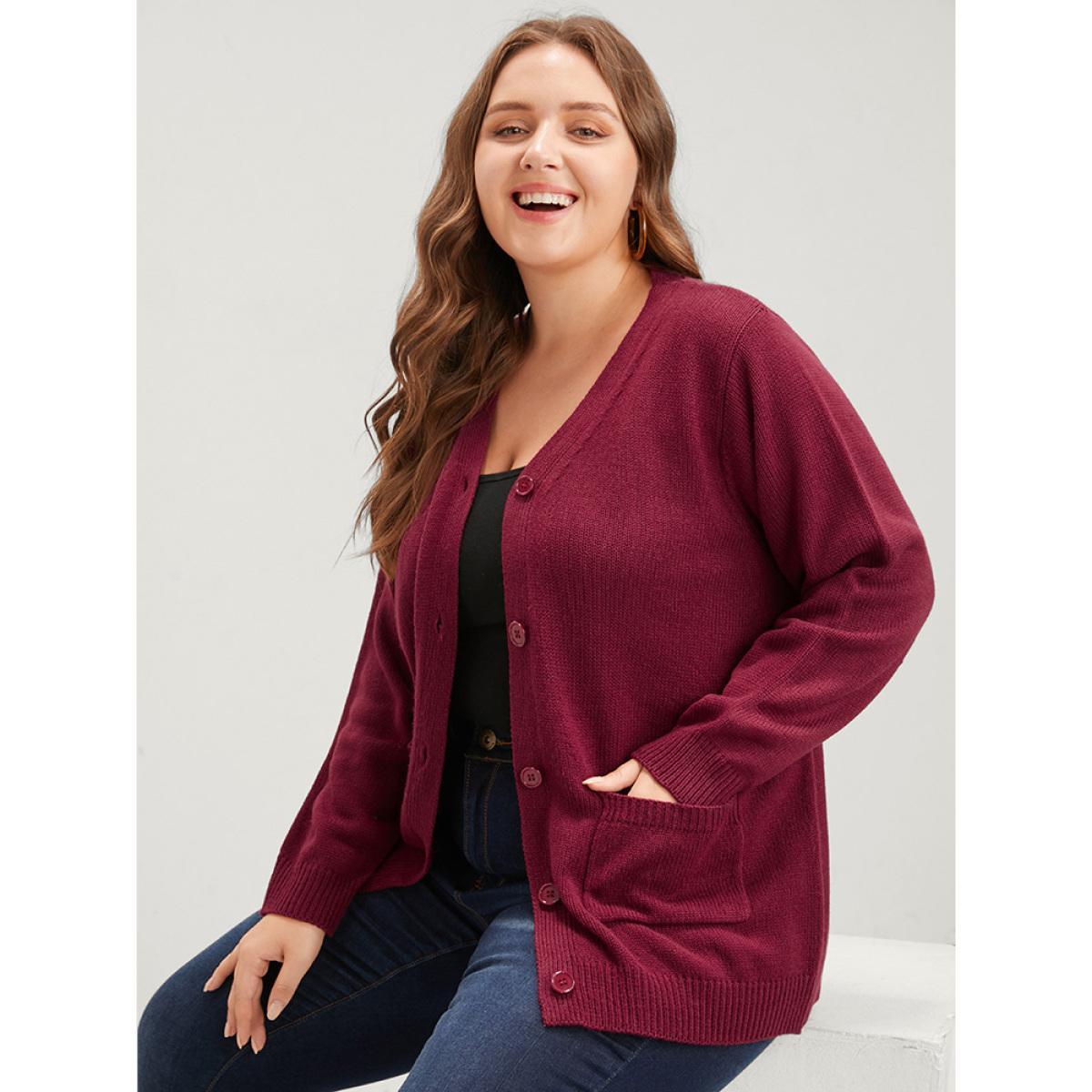 Plus Size Solid Pointelle Knit Pocket Belted Button Front Cardigan Scarlet Women Casual Loose Long Sleeve Work Cardigans BloomChic 28/5X Product Image