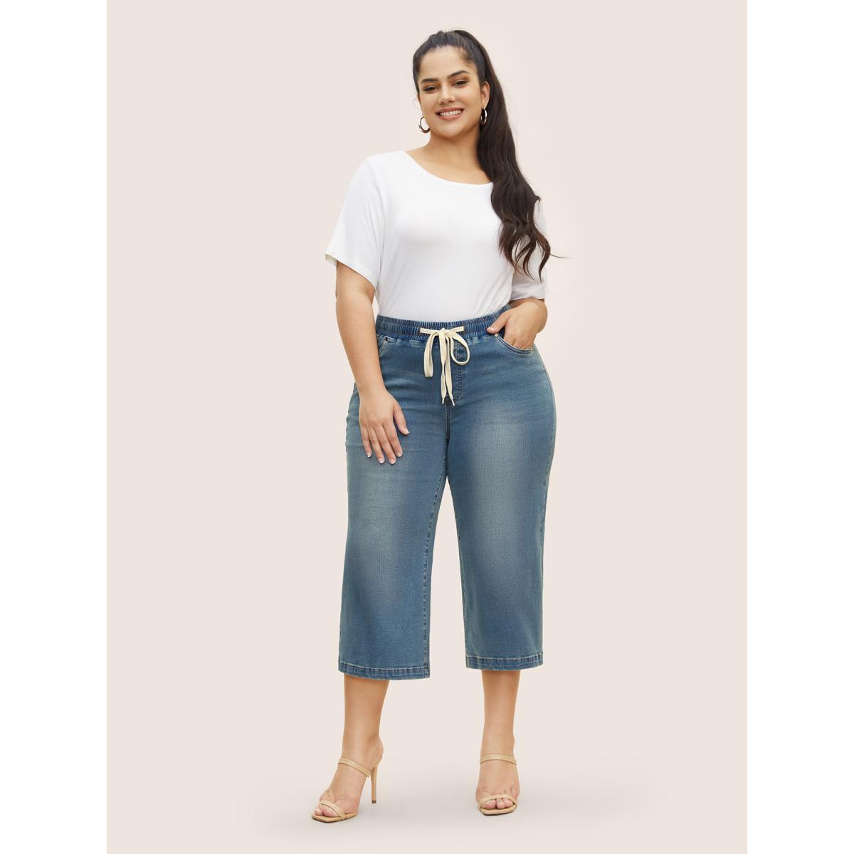 Plus Size Light Wash Drawstring Cropped Wide Leg Jeans Women Denimblue Casual Drawstring High stretch Slanted pocket Jeans BloomChic 30/6X Product Image