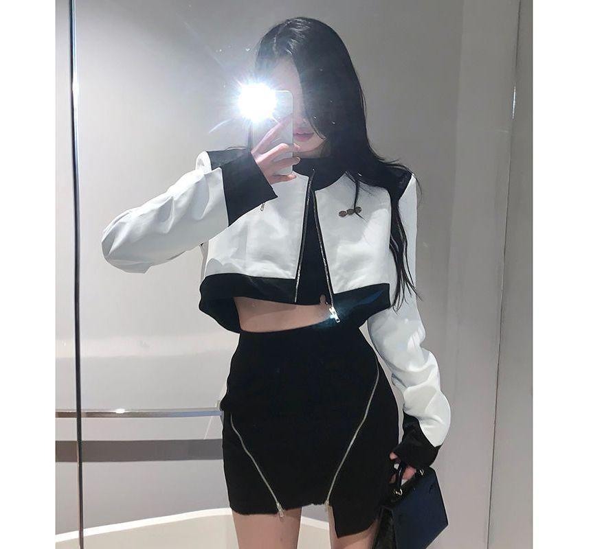 Long-Sleeve Crew Neck Plain Cutout Crop Tee / High Waist Zip Asymmetrical Mini Pencil Skirt / Crew Neck Two Tone Faux Leather Crop Zip Jacket / Set Product Image