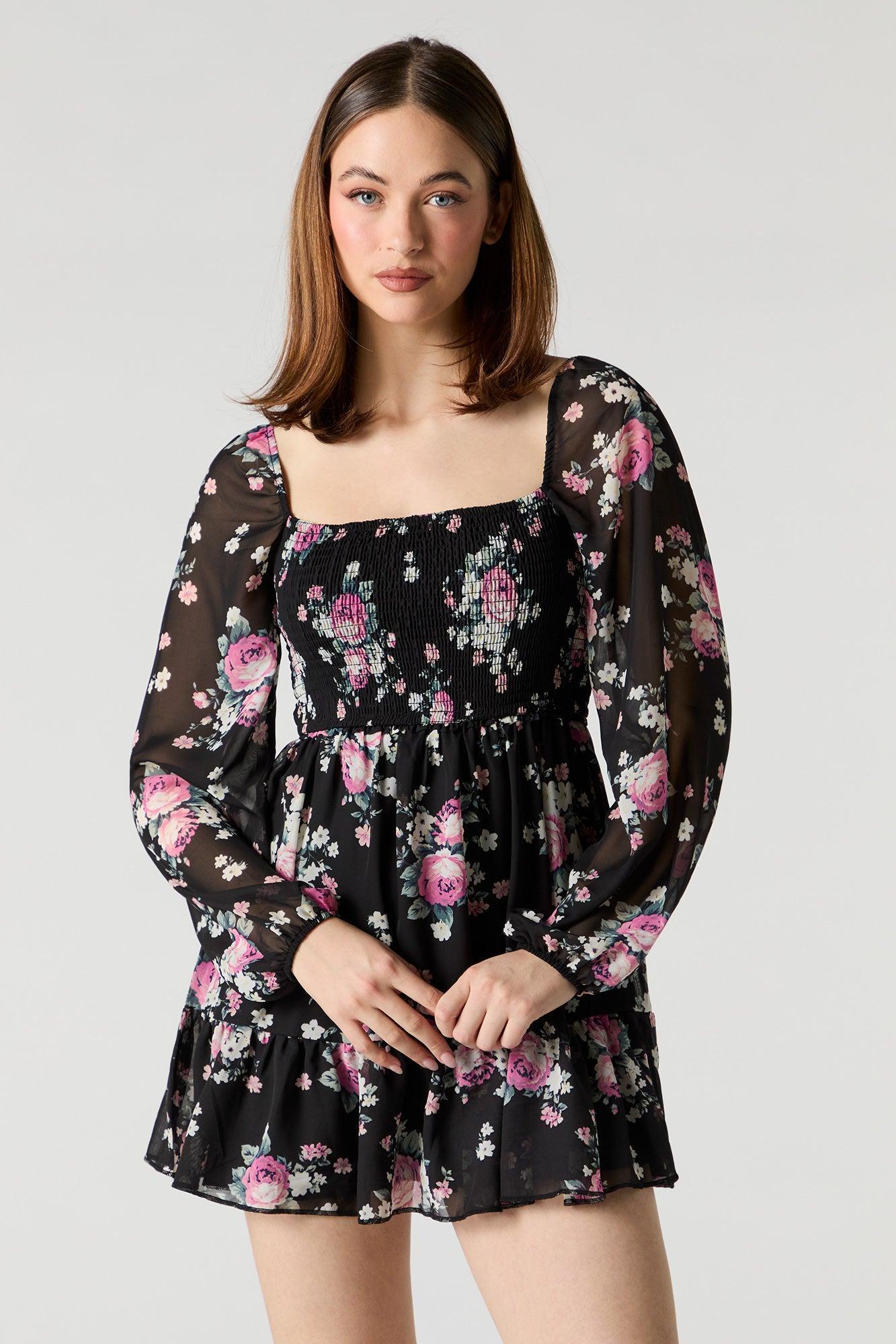 Floral Chiffon Smocked Long Sleeve Mini Dress Female Product Image
