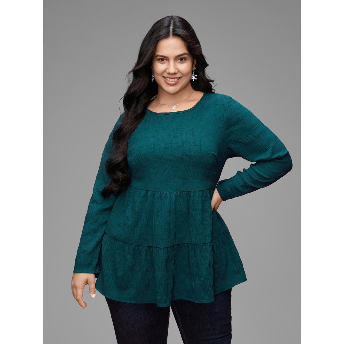 Plus Size Cyan Textured Round Neck Tiered Hem Blouse Women Casual Long Sleeve Round Neck Everyday Blouses BloomChic 18-20/2X Product Image