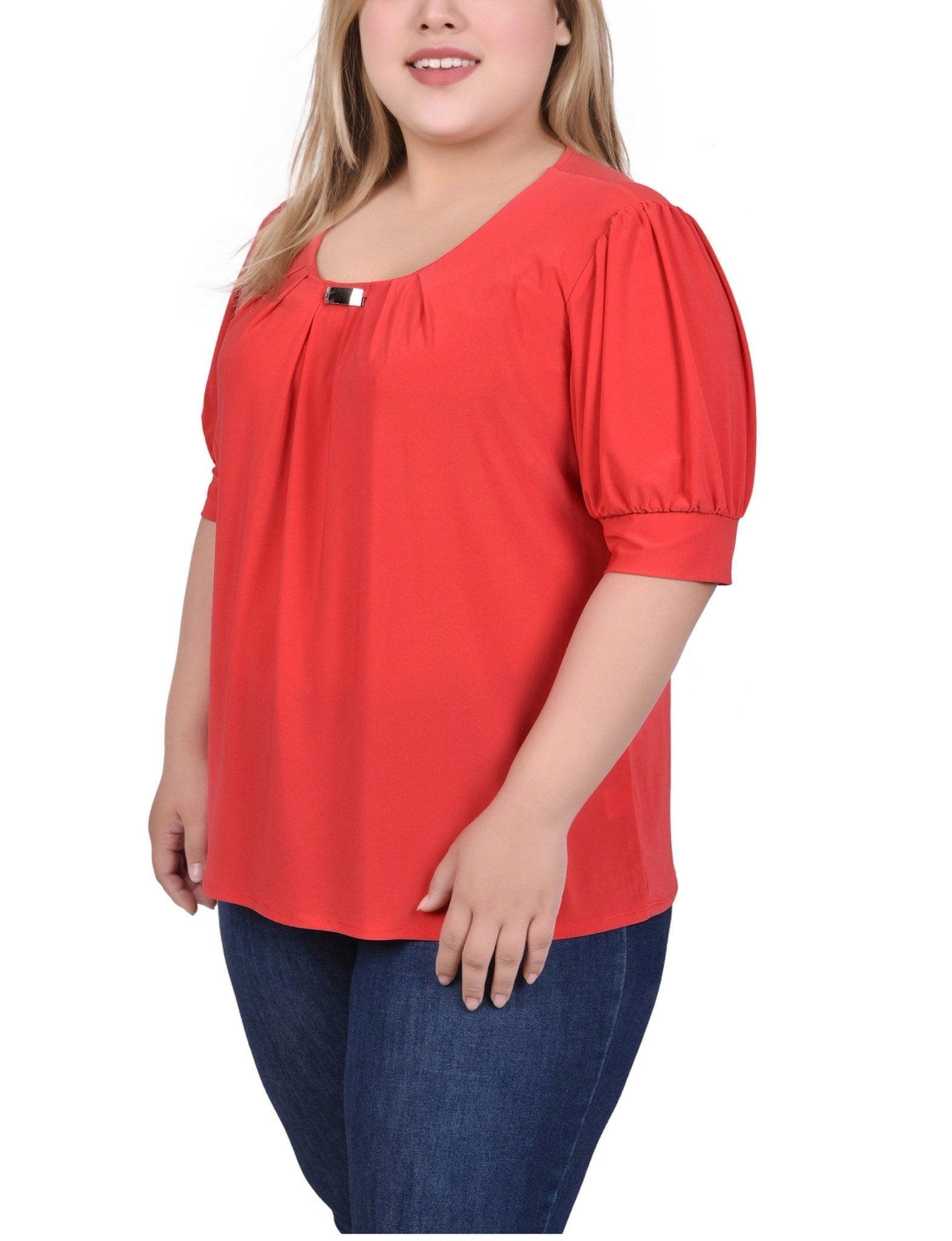 Chinese Red Short Sleeve Balloon Sleeve Top With Hardware - Plus Product Image