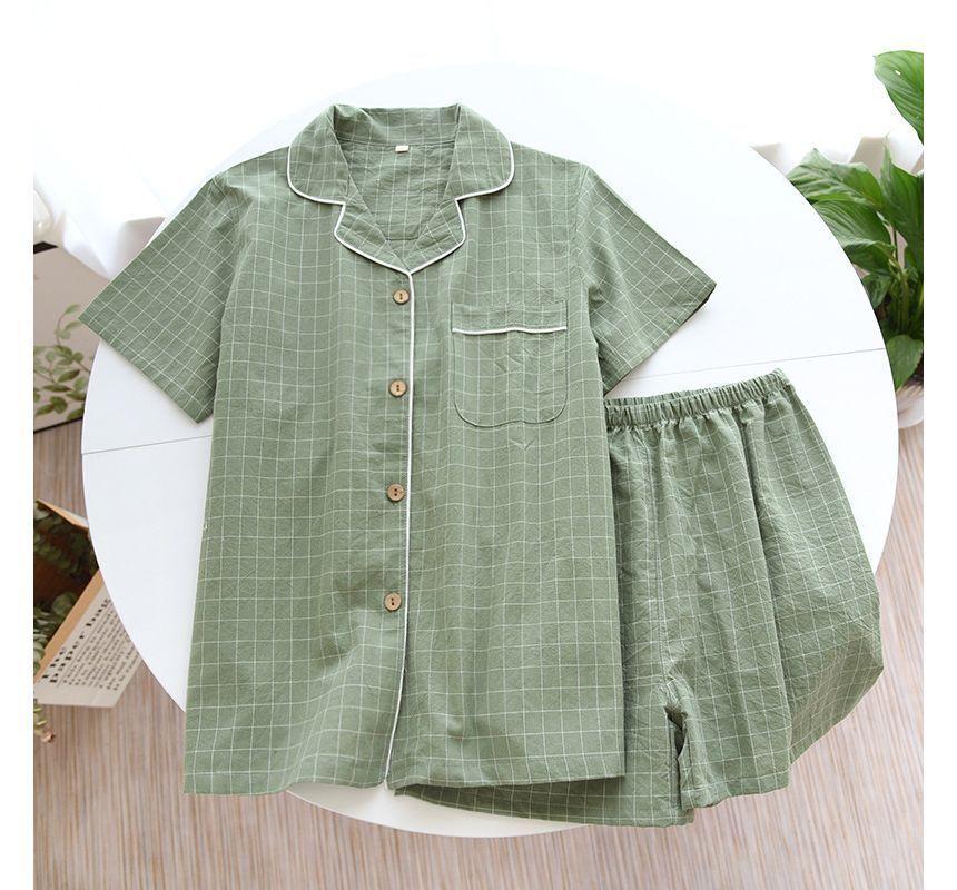 Couple Matching Pajama Set: Short-Sleeve Collared Plaid Top + Elastic Waist Shorts Product Image