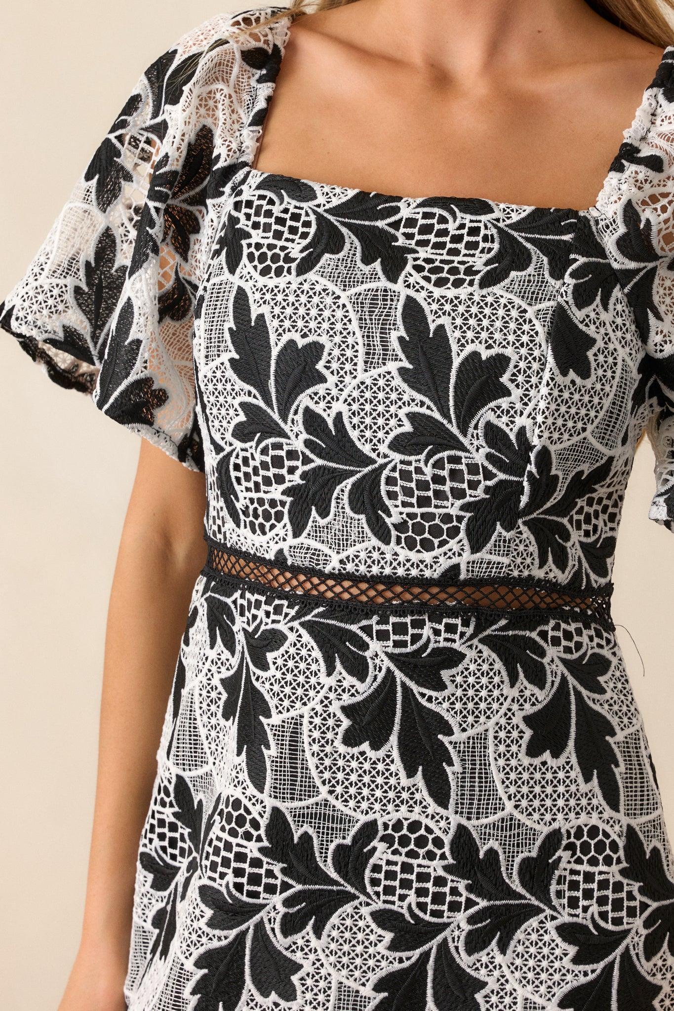 In This Moment Black & White Embroidered Midi Dress Product Image