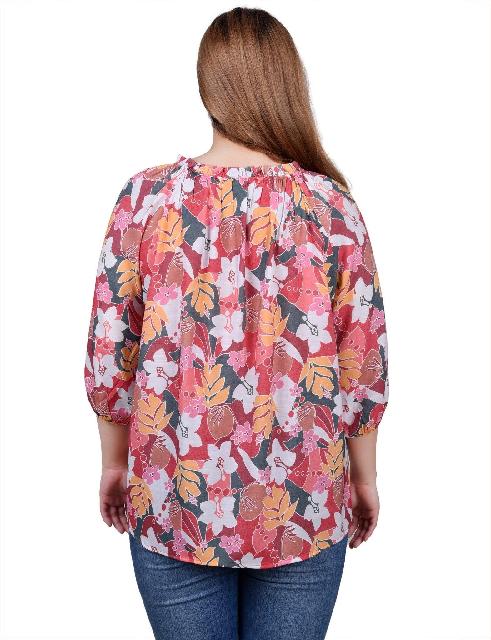 3/4 Length Sleeve Drawstring Neck Blouse - Petite Product Image