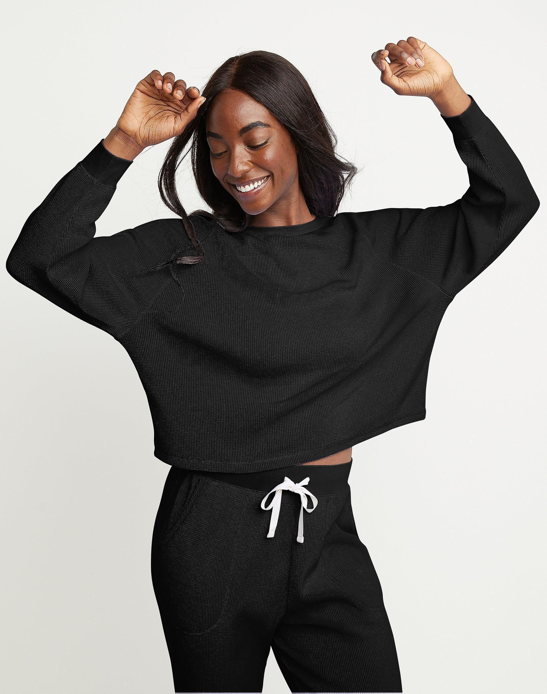 Hanes Originals Womens Waffle Long Sleeve Lounge Top Black 2XL Product Image
