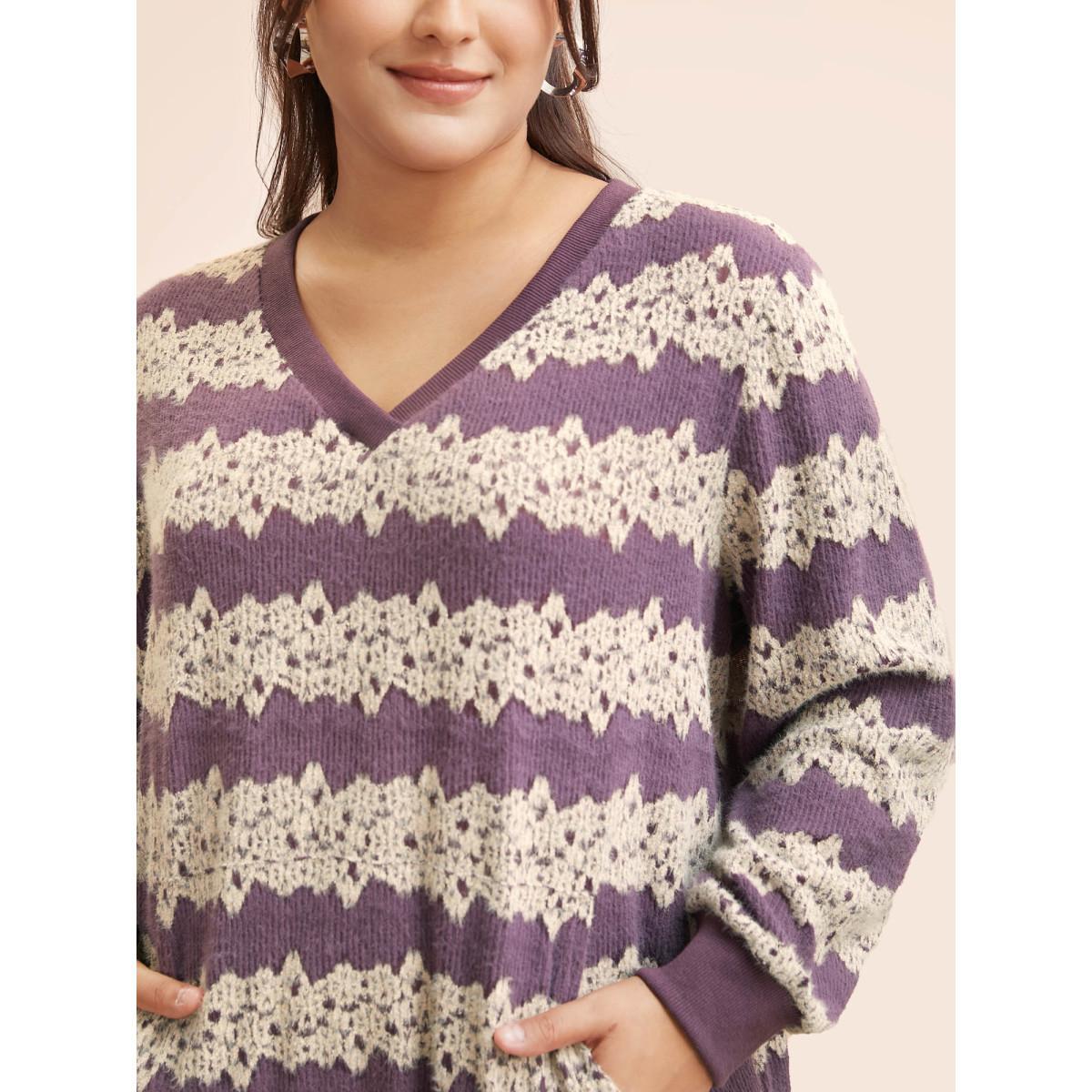 Plus Size Striped Patchwork Contrast Texture Sweatshirt Women Mauve Casual Texture Loose V-neck Everyday Sweatshirts BloomChic 30/6X Product Image