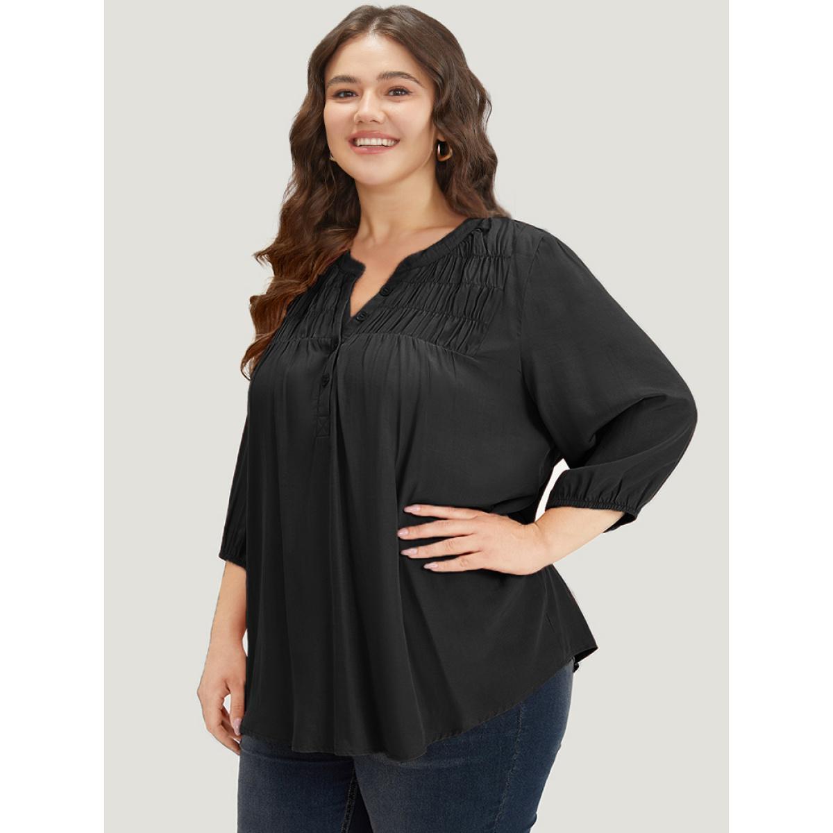 Plus Size Black Plain Notched Button Through Elastic Cuffs Shirred Blouse Women Office Elbow-length sleeve V-neck Work Blouses BloomChic 26/4X Product Image