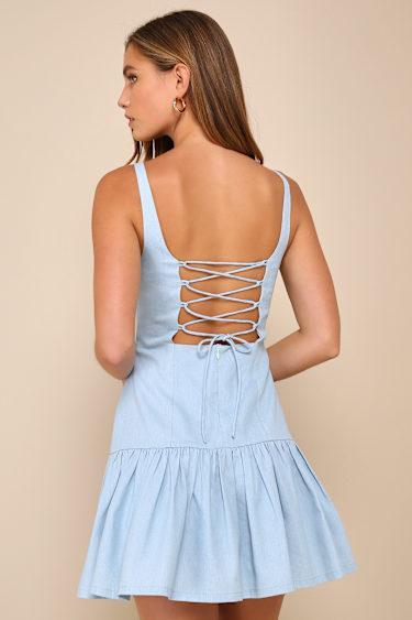 Adorable Concept Blue Lace-Up Backless Drop Waist Mini Dress Product Image
