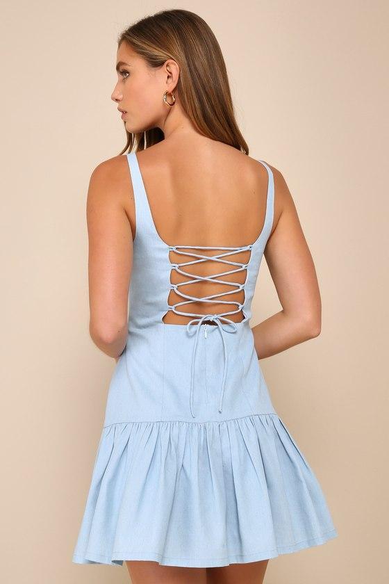 Adorable Concept Blue Lace-Up Backless Drop Waist Mini Dress Product Image