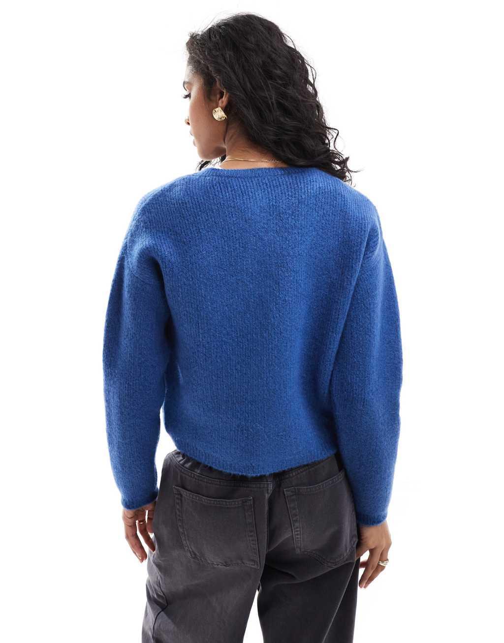 ASOS DESIGN fluffy knit crew neck cardigan in cobalt blue Product Image