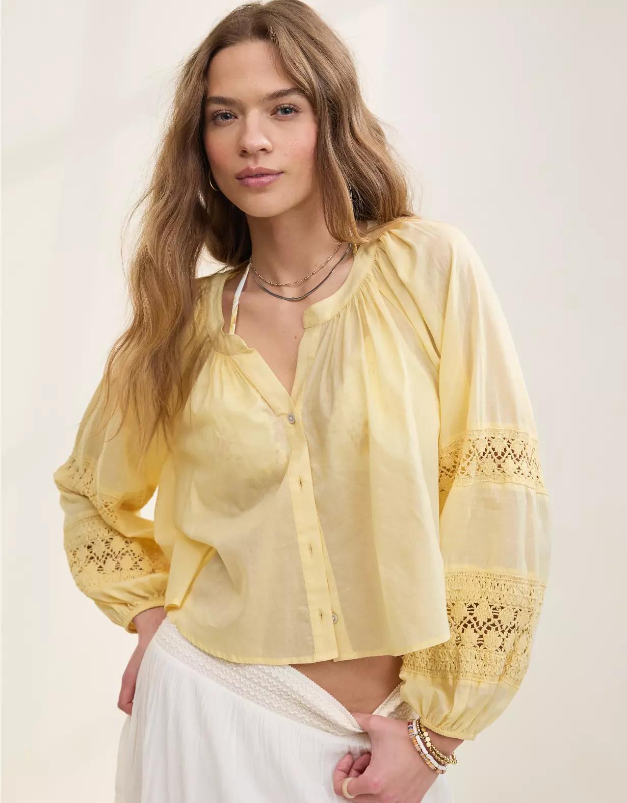 Aerie Long Sleeve Crochet Button Down Shirt Product Image