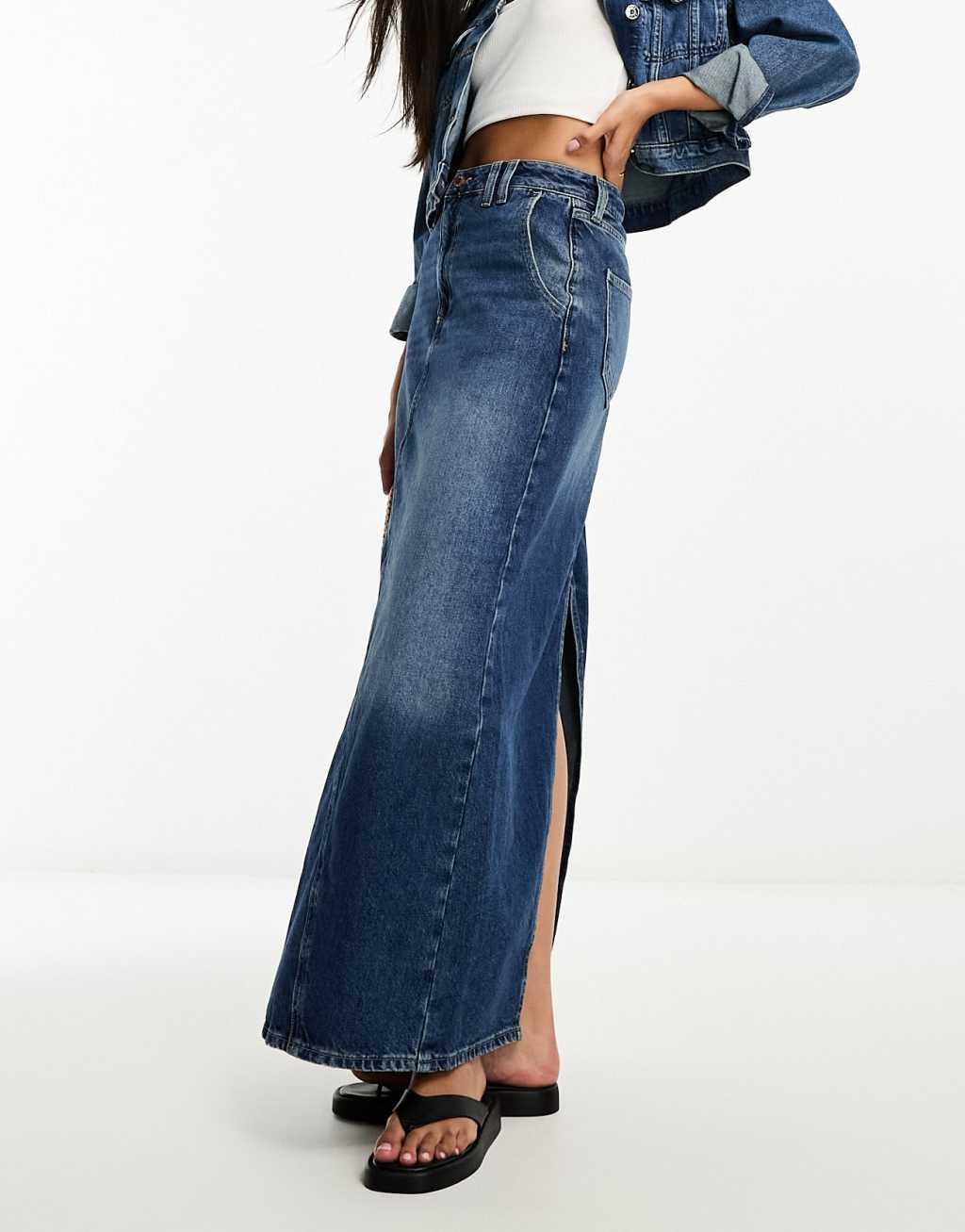 River Island seam detail maxi skirt in dark denim Product Image