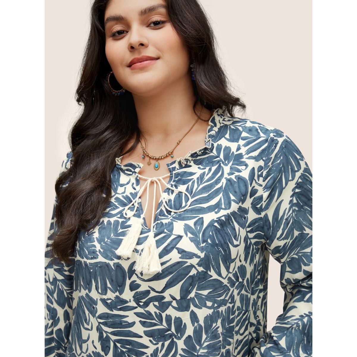 Plus Size Apricot Plants Tassel Trim Tie Neck Rayon Blouse Women Resort Long Sleeve Notched collar Vacation Blouses BloomChic 22-24/3X Product Image