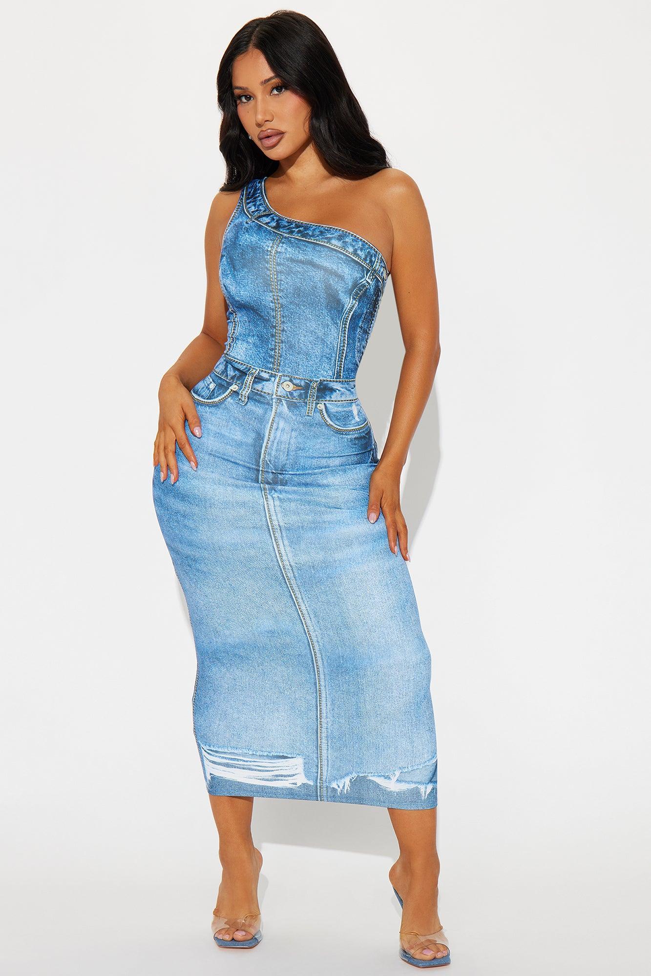 Days Go By Denim Print Midi Dress - Blue Product Image
