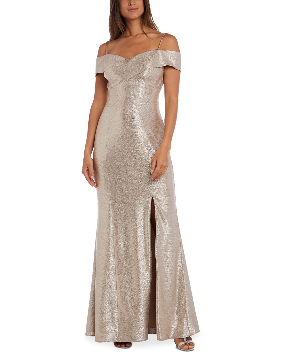 Juniors Nightway Long Shimmer Portrait Collar Dress, Womens Grey Product Image