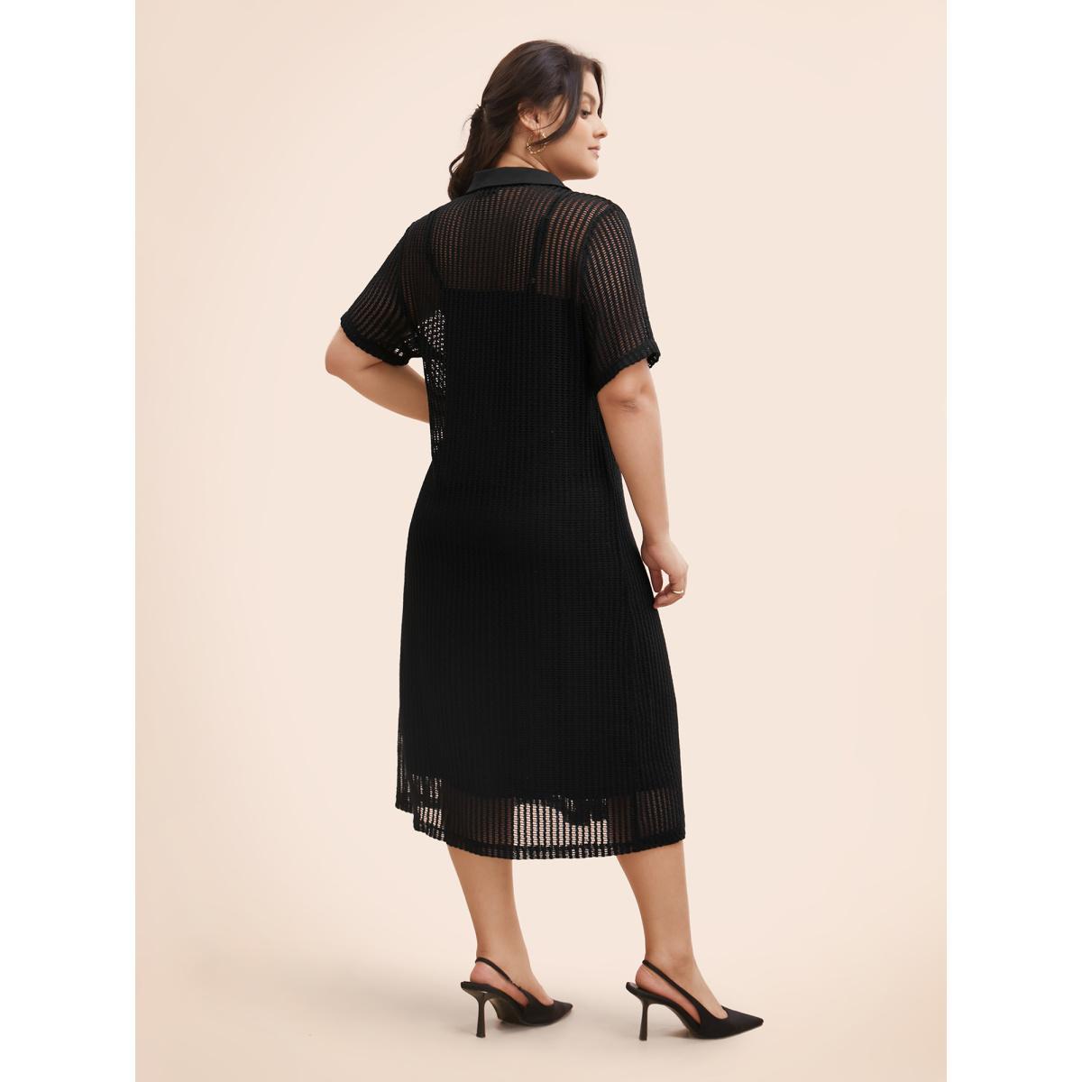 Plus Size Shirt Collar Button Up Midi Dress Black Women Casual Texture Shirt collar Short sleeve Curvy BloomChic 10/M Product Image