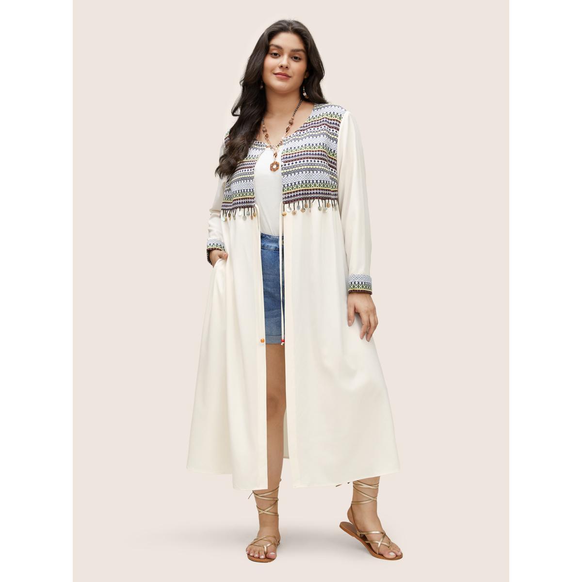 Plus Size Bandana Patchwork Style Accents Tassel Kimono Women Ivory Resort Tassels Vacation Kimonos BloomChic 22-24/3X Product Image