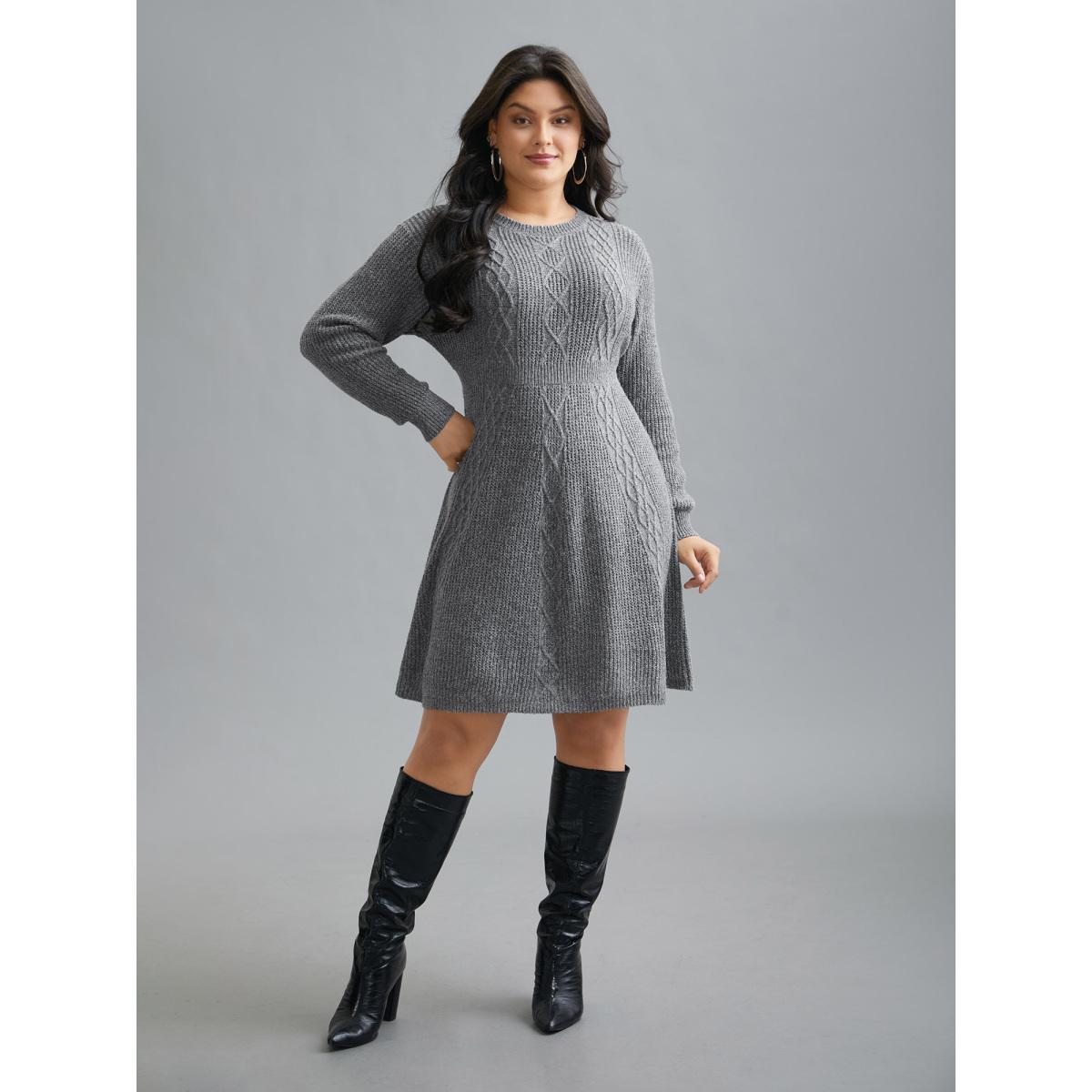 Plus Size Cable Knit Ribbed Waist Cinched Midi Sweater Dress Mediumgray Women Elegant Bodycon Long Sleeve Everyday Sweater Dresses BloomChic 28/5X Product Image