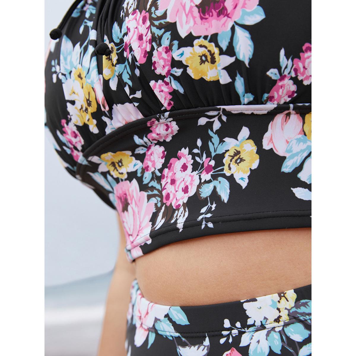 Plus Size Floral Ruched Knotted Crossover Back Tankini Top Women's Swimwear BlackFlower Vacation Adjustable Straps High stretch Skinny Curve Swim Tops BloomChic 26/4X Product Image