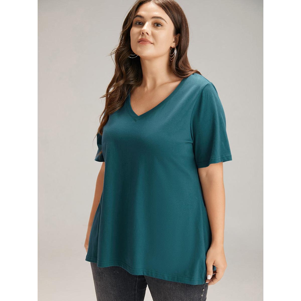 Plus Size Cotton Plain V Neck Basic T-shirt DarkSlateGray Women Casual Plain Plain V-neck Dailywear T-shirts BloomChic 22-24/3X Product Image