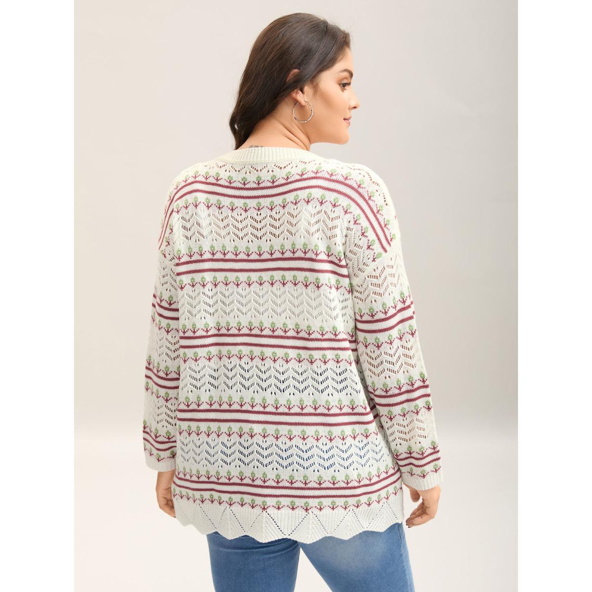 Plus Size Jacquard Pattern Crew Neck Ribbed Pullover Ivory Women Casual Loose Long Sleeve Round Neck Everyday-Casual Pullovers BloomChic 26/4X Product Image